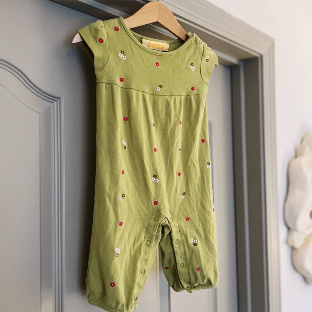 Gymboree Y2K Floral Romper | Baby Girl Green Cotton One-Piece | 3–6 Months - Picture 2 of 5
